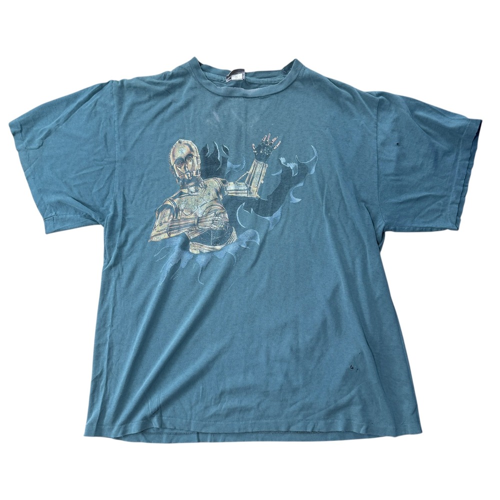 Star Wars C3PO R2D2 T-Shirt Vintage 1996 Distressed Faded Graphic Tee XL Blue